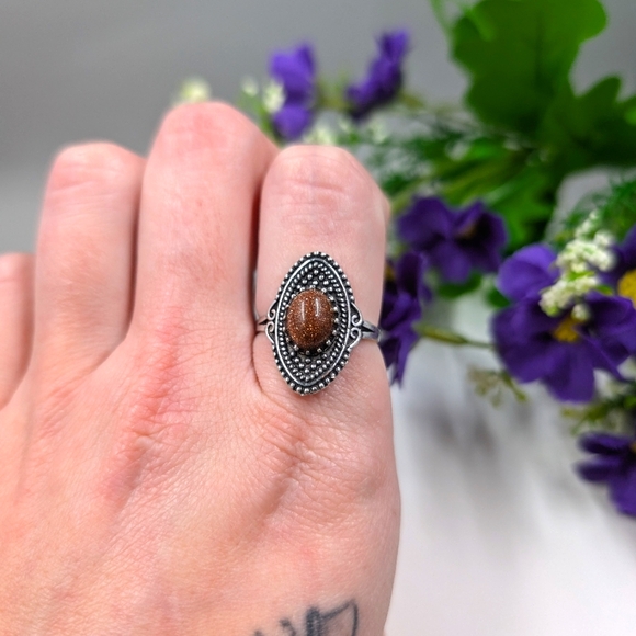 Sparkly Sunstone 925 Sterling Silver Plated Vintage Ring Size 9 - Picture 2 of 4